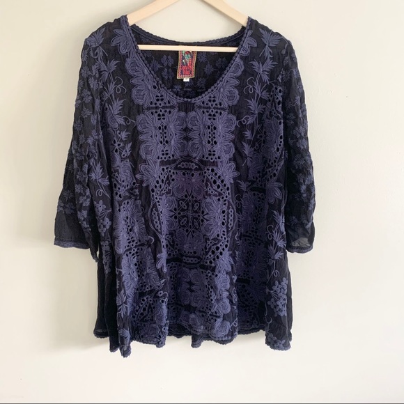 Johnny Was Tops - Johnny Was | Navy Blue Embroidered Lace Eyelet Top